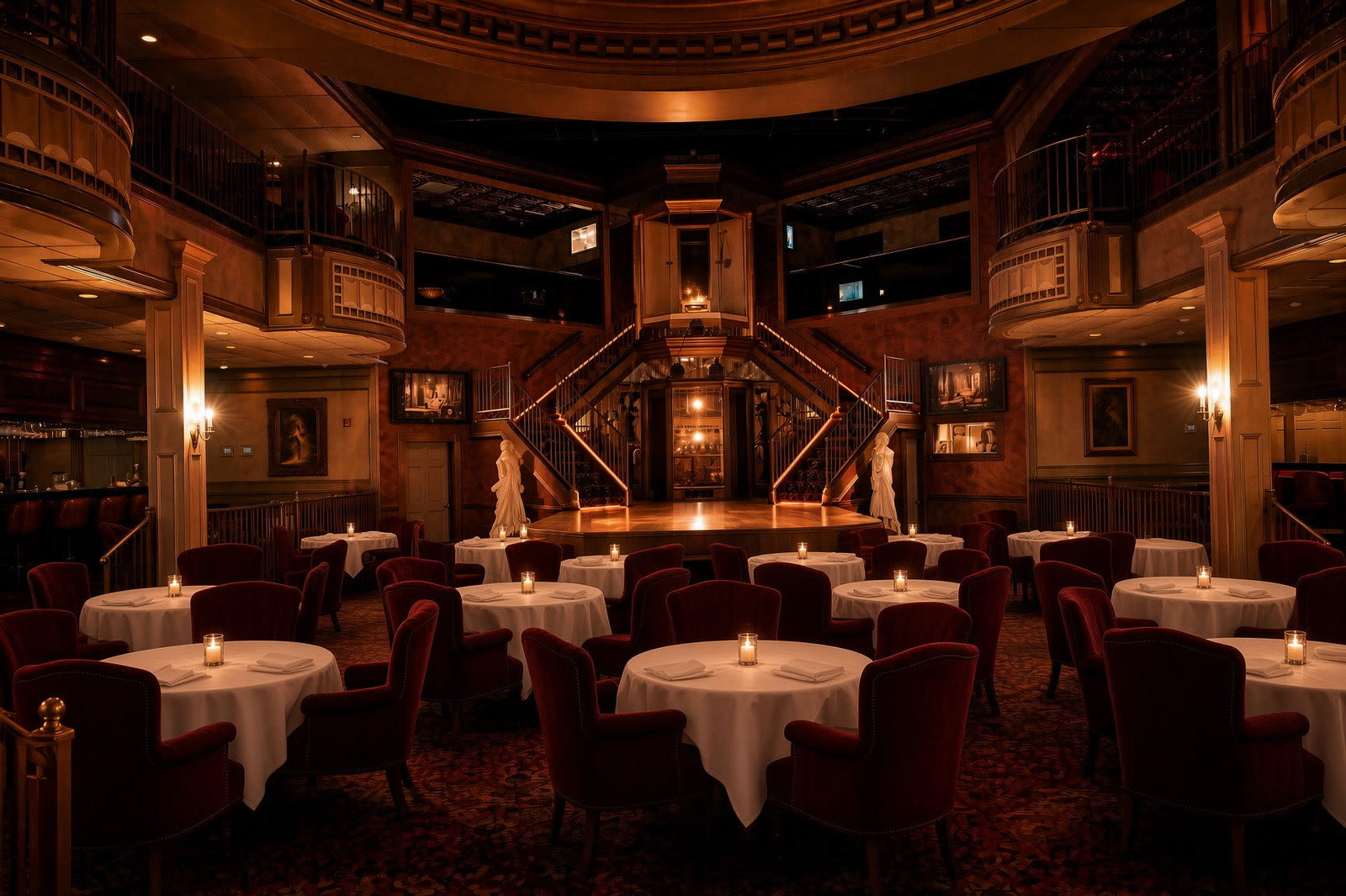 The St. James dining room looking toward the grand double staircase