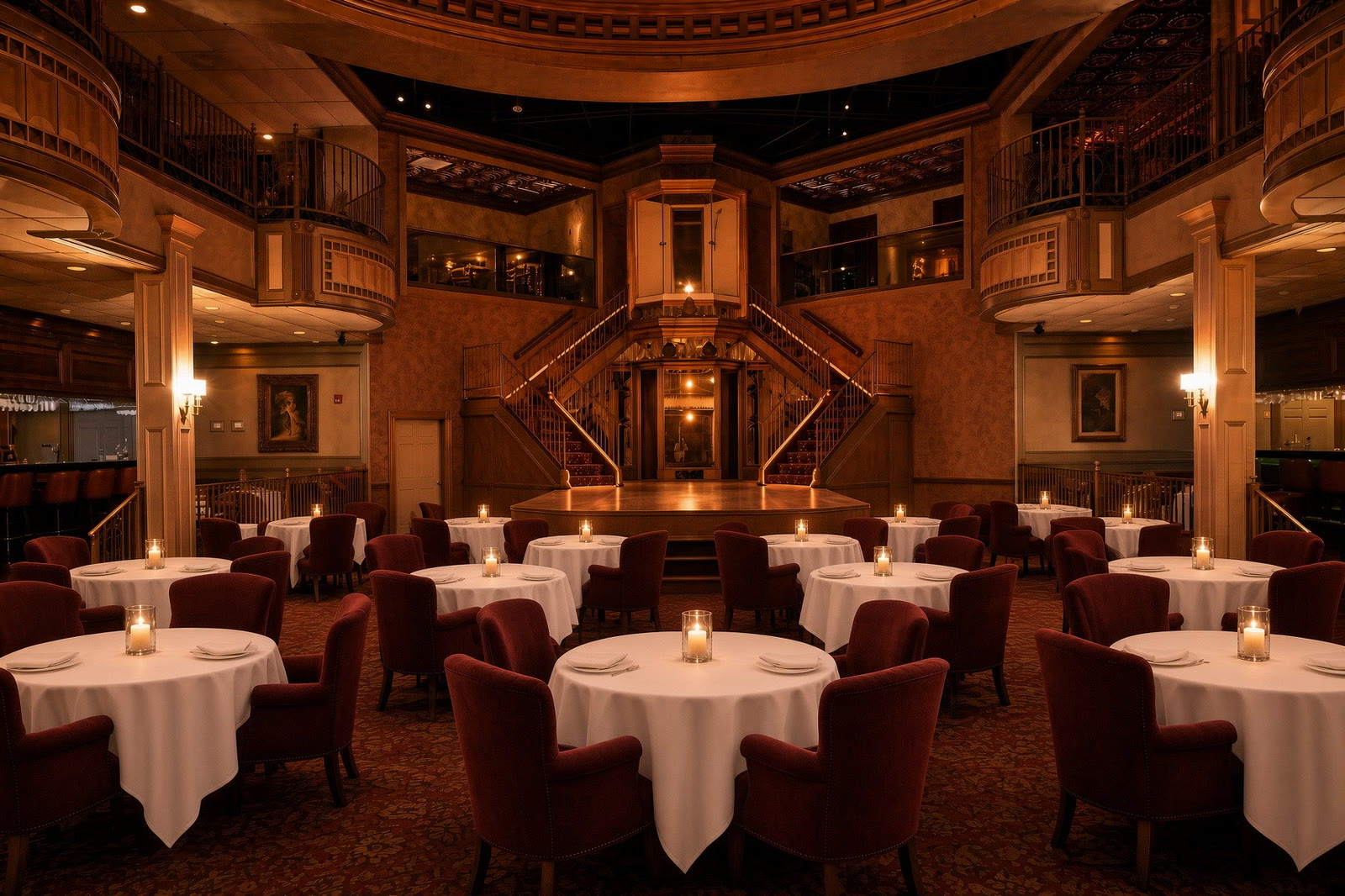Dining tables and the grand staircase at The St. James