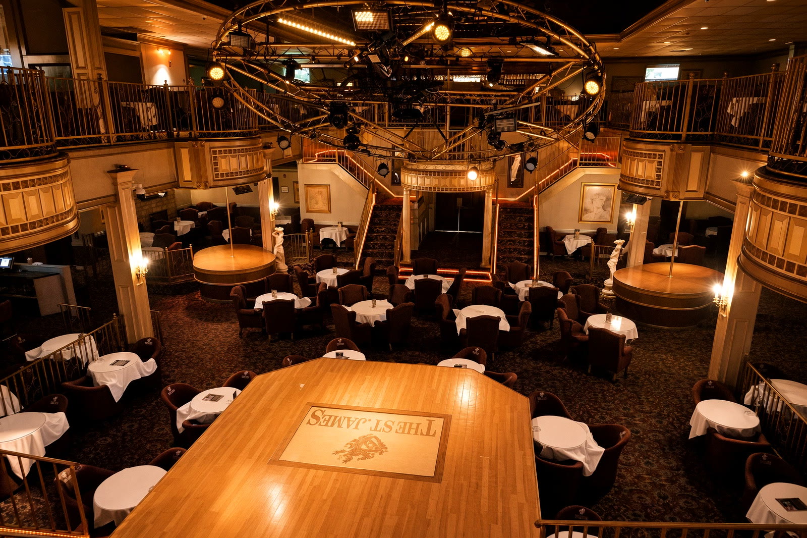 Skybox view from upstairs at The St. James — looking down on the dining floor